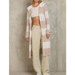 POL Tan Ivory Striped Long Knit Hooded Cardigan Sweater Open Front Size Small